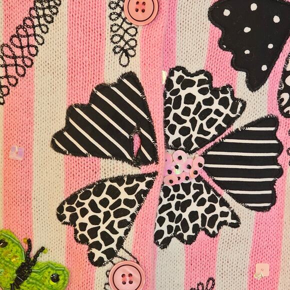 Vintage Design Options Pink & White Striped Knit Button Up Cardigan Sweater - Picture 6 of 7